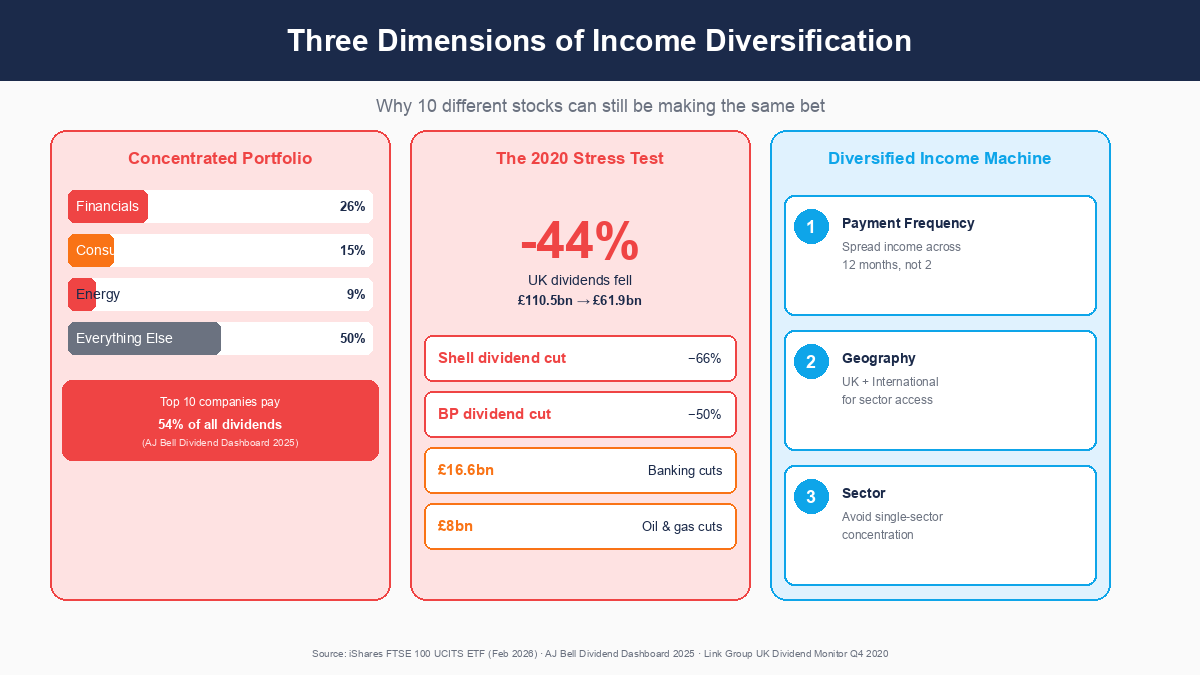 Three-panel visual: UK-heavy portfolio vs diversified income machine, showing sector, geography, and payment month breakdown