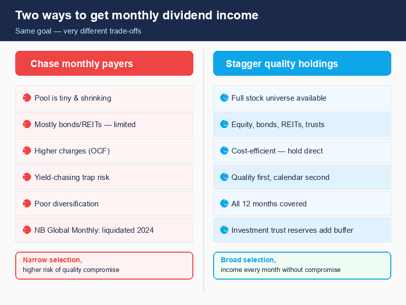 Side-by-side comparison of chasing monthly payers versus staggering quality holdings across six dimensions