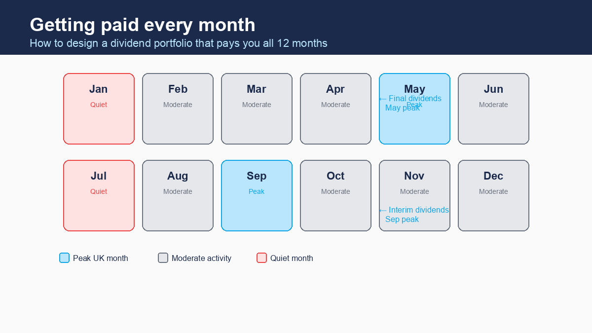 UK dividend payment calendar showing peak months in May and September versus quiet months in January and July