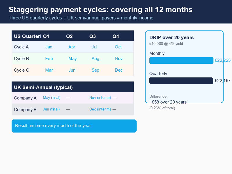 Payment cycle diagram showing three US quarterly cycles plus UK semi-annual payers covering all 12 months, with DRIP compounding comparison