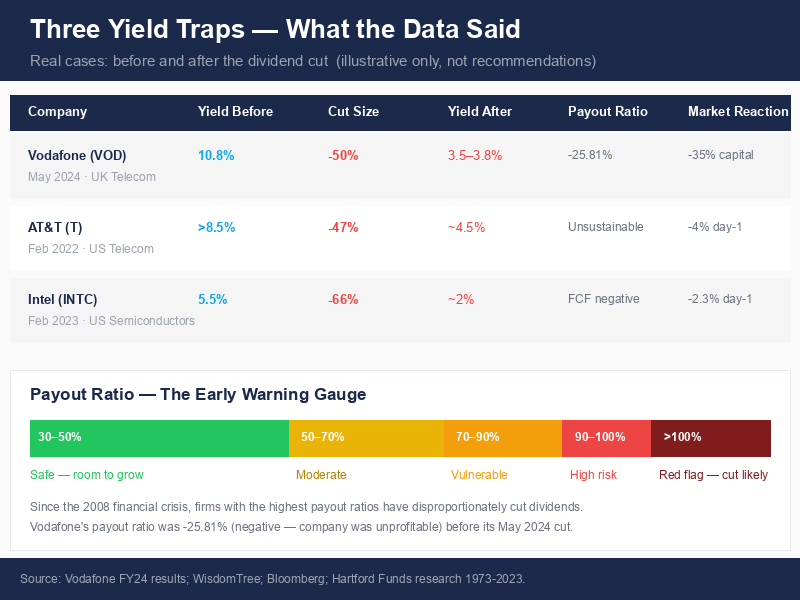Three yield trap case studies — Vodafone, AT&T, and Intel before and after dividend cuts